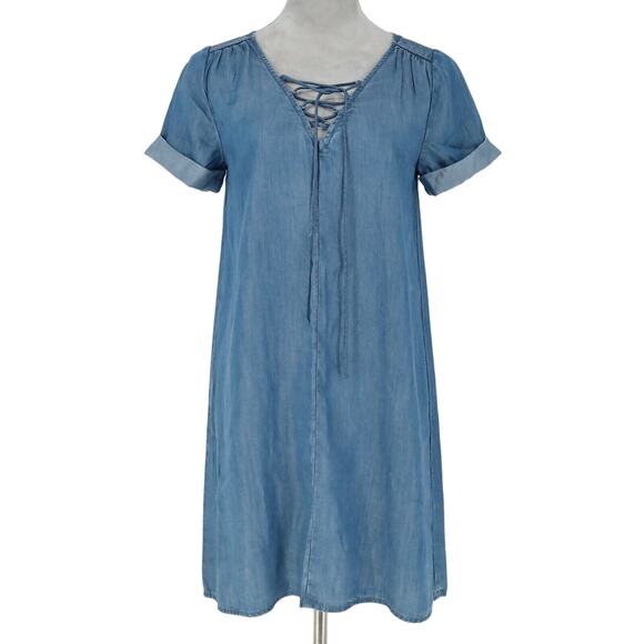 Lucky Brand Dresses & Skirts - Lucky Brand Dress Womens XS Blue Chambray Lace Up A-line Hipster Boho Chic